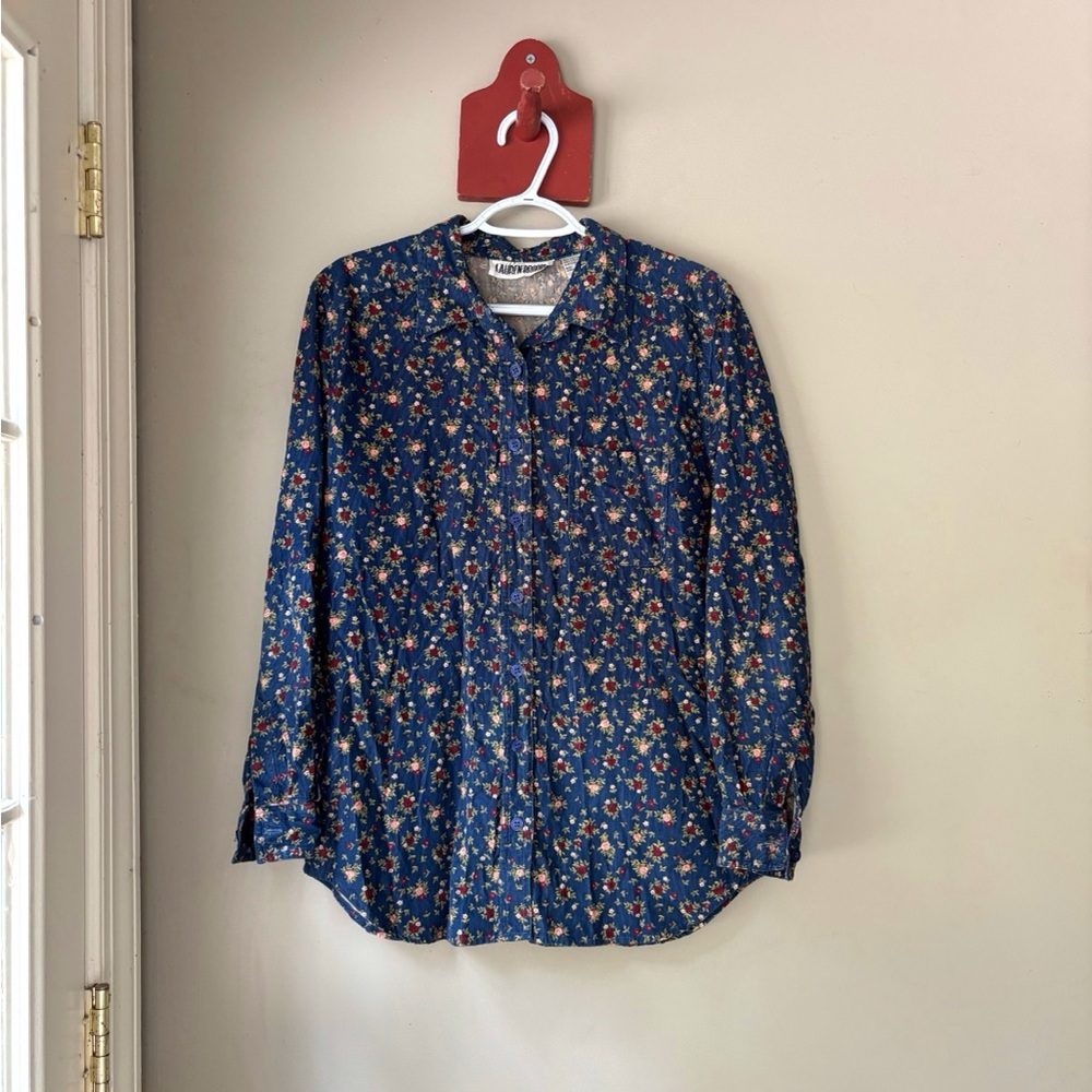 Vintage Lauren Brooke Blue Floral Corduroy Button Down Oversized Shirt S